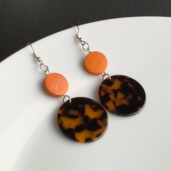 NEW "Terra" Acrylic Wooden Round Earrings (Orange) - Picture 2 of 7